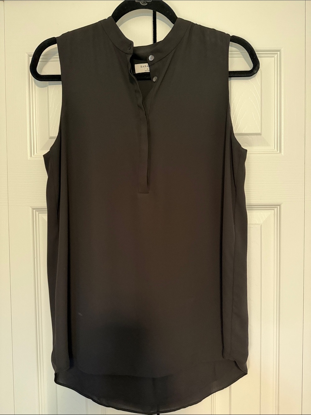 Babaton Charcoal Sleeveless Band-Collar V-Neck Blouse